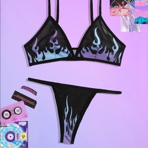Multicolor flame mesh lingerie set